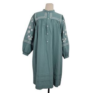 Sideline Floral Embroidered‎ Dress Sz S Teal Long Sleeve Minimalist Lagenlook